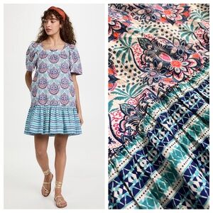 Cara Cara Janie Dress cotton mini pockets peplum Palm Medallion Teal Red S